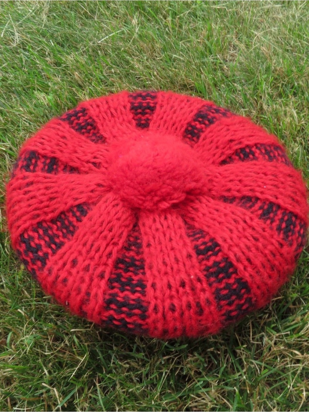 Chunky Red and Black Knit Beret with Pom Accent